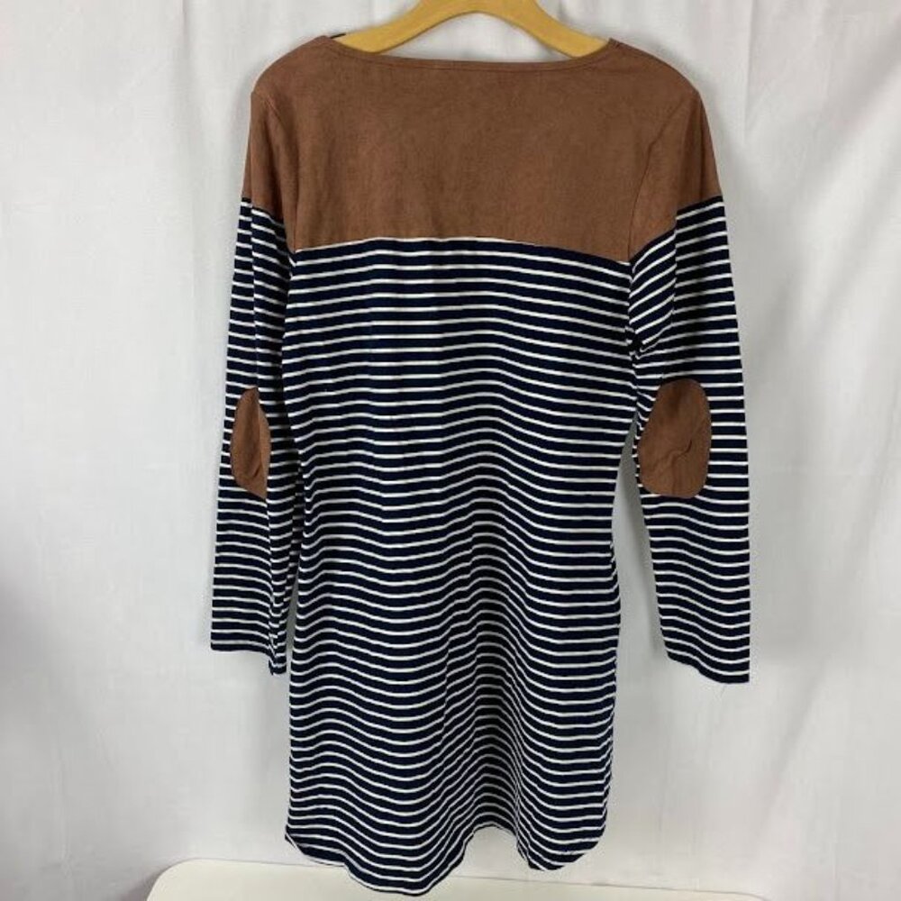 Umgee Preppy Striped Long Sleeve Suede Accent Knee Length T-Shirt Dress Sz Med. - Picture 3 of 16